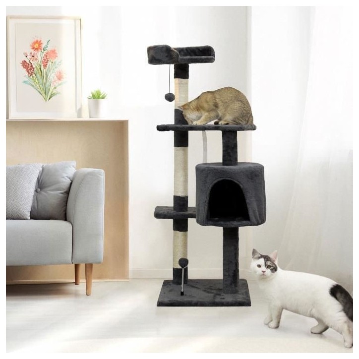 JASPER Arbre a chat gris 40 x 40 x 114 cm -3 plateformes, 1 niche, poteaux a griffer