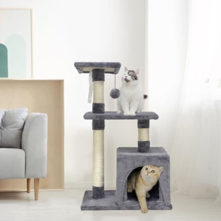 POPPY Arbre a chat gris 50 x 30 x 80 cm - 2 plateformes, 1 niche, poteaux a griffer