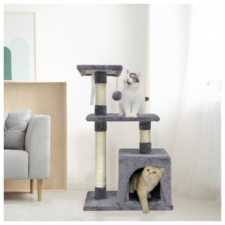 POPPY Arbre a chat gris 50 x 30 x 80 cm - 2 plateformes, 1 niche, poteaux a griffer