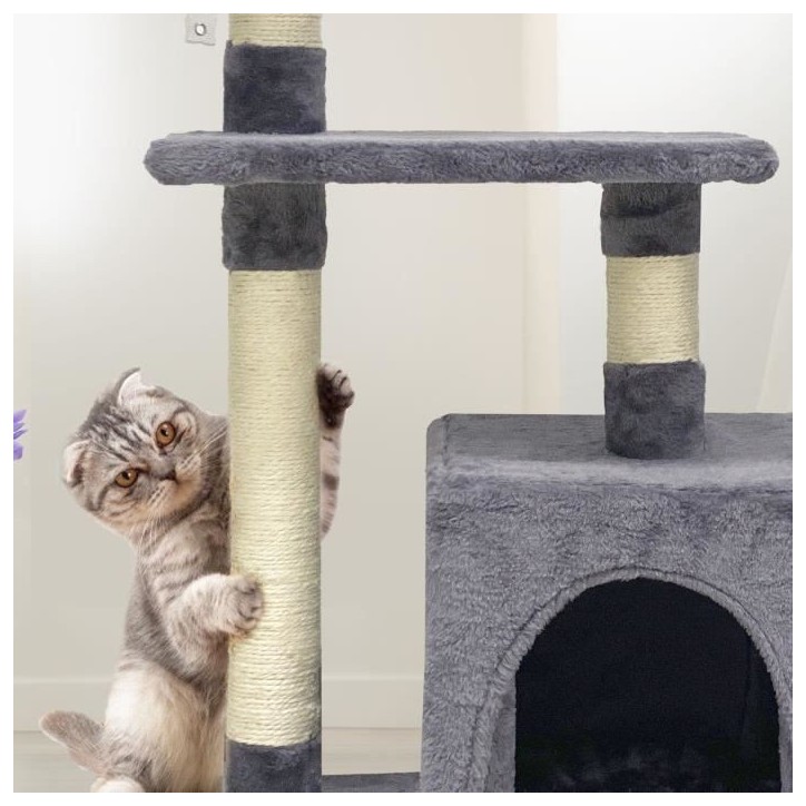 POPPY Arbre a chat gris 50 x 30 x 80 cm - 2 plateformes, 1 niche, poteaux a griffer