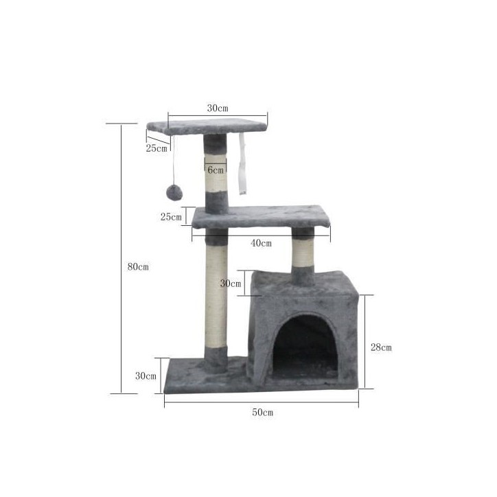 POPPY Arbre a chat gris 50 x 30 x 80 cm - 2 plateformes, 1 niche, poteaux a griffer