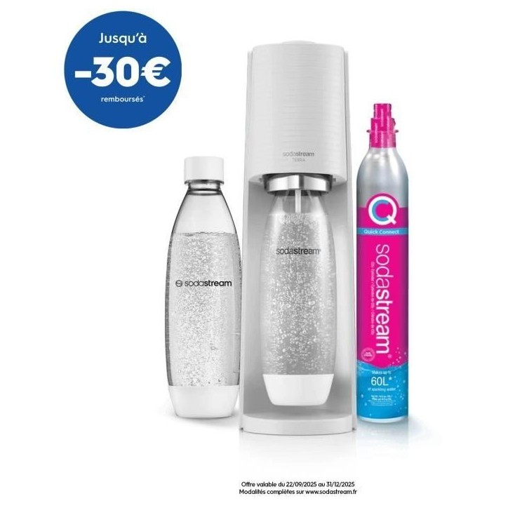 Machine a soda et eau pétillante SODASTREAM - TERRA Blanche - 2 bouteilles compatible lave-vaisselle - 1 recharge de gaz 60L Machine a soda et eau pétillante SODASTREAM - TERRA Blanche - 2 bouteilles compatible lave-vaisselle - 1 recharge de gaz 60L