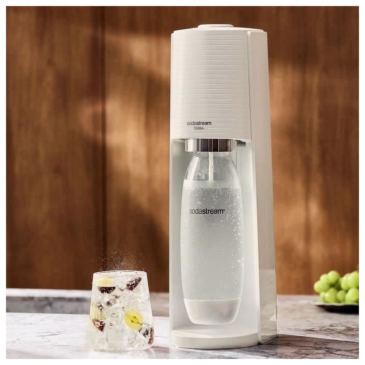 Machine a soda et eau pétillante SODASTREAM - TERRA Blanche - 2 bouteilles compatible lave-vaisselle - 1 recharge de gaz 60L Machine a soda et eau pétillante SODASTREAM - TERRA Blanche - 2 bouteilles compatible lave-vaisselle - 1 recharge de gaz 60L