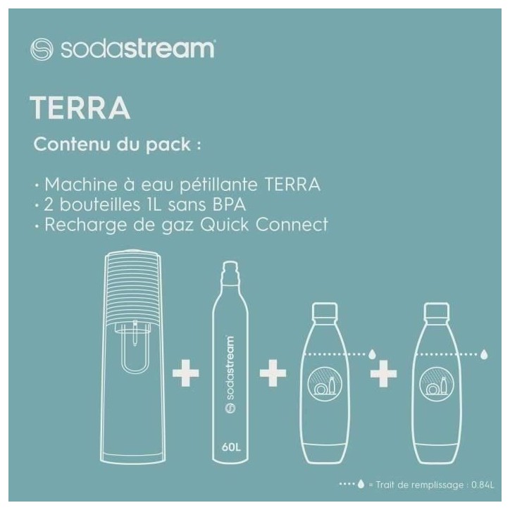 Machine a soda et eau pétillante SODASTREAM - TERRA Blanche - 2 bouteilles compatible lave-vaisselle - 1 recharge de gaz 60L Machine a soda et eau pétillante SODASTREAM - TERRA Blanche - 2 bouteilles compatible lave-vaisselle - 1 recharge de gaz 60L