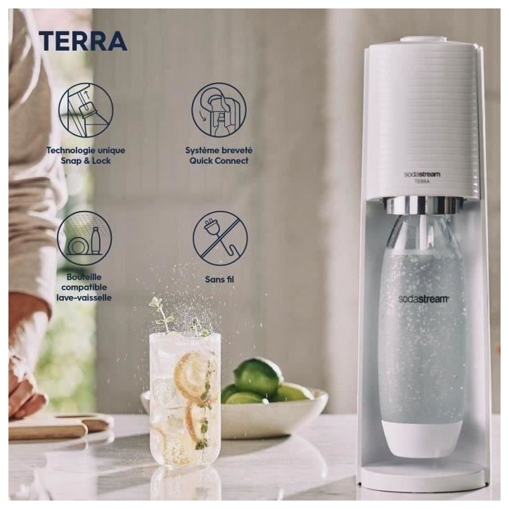 Machine a soda et eau pétillante SODASTREAM - TERRA Blanche - 2 bouteilles compatible lave-vaisselle - 1 recharge de gaz 60L Machine a soda et eau pétillante SODASTREAM - TERRA Blanche - 2 bouteilles compatible lave-vaisselle - 1 recharge de gaz 60L