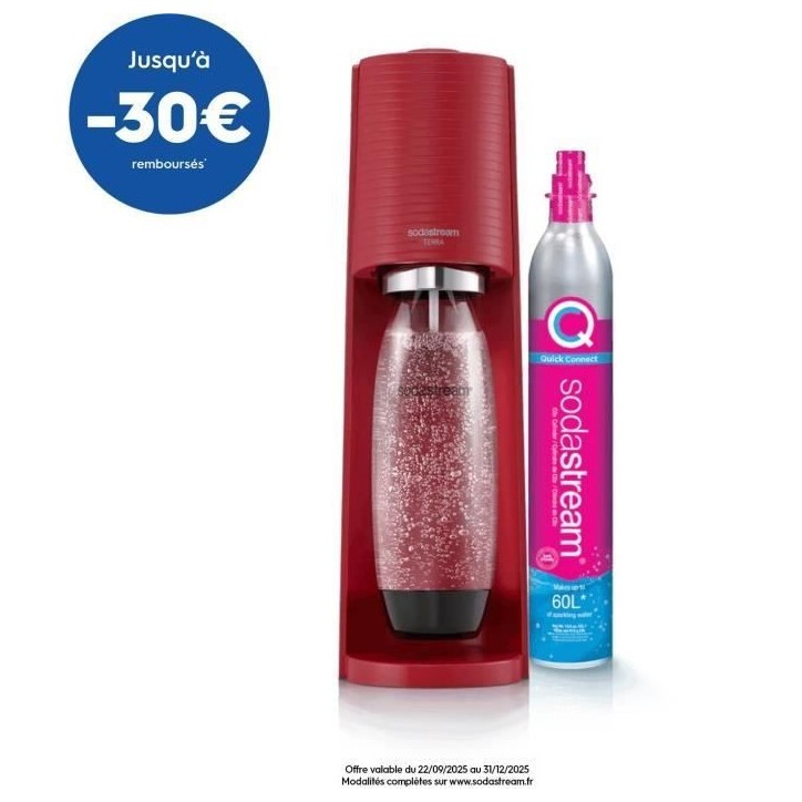 Machine a soda et eau pétillante SODASTREAM - TERRA Rouge - 1 bouteille compatible lave-vaisselle - 1 recharge de gaz 60L Machine a soda et eau pétillante SODASTREAM - TERRA Rouge - 1 bouteille compatible lave-vaisselle - 1 recharge de gaz 60L
