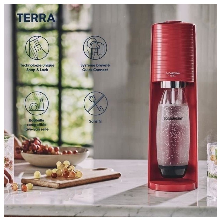 Machine a soda et eau pétillante SODASTREAM - TERRA Rouge - 1 bouteille compatible lave-vaisselle - 1 recharge de gaz 60L Machine a soda et eau pétillante SODASTREAM - TERRA Rouge - 1 bouteille compatible lave-vaisselle - 1 recharge de gaz 60L