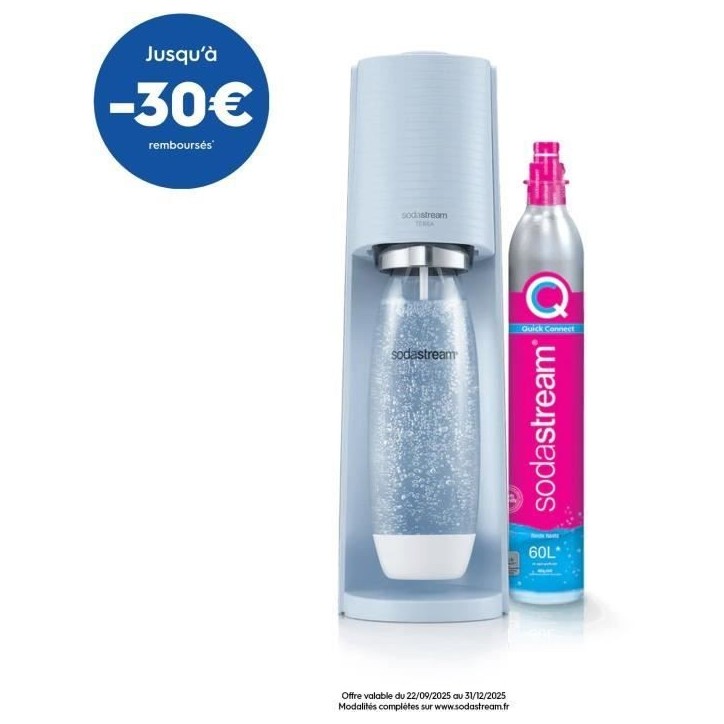 Machine a soda et eau pétillante SODASTREAM - TERRA Bleu - 1 bouteille compatible lave-vaisselle - 1 recharge de gaz 60L Machine a soda et eau pétillante SODASTREAM - TERRA Bleu - 1 bouteille compatible lave-vaisselle - 1 recharge de gaz 60L