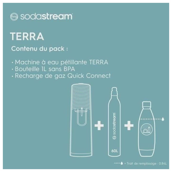 Machine a soda et eau pétillante SODASTREAM - TERRA Bleu - 1 bouteille compatible lave-vaisselle - 1 recharge de gaz 60L Machine a soda et eau pétillante SODASTREAM - TERRA Bleu - 1 bouteille compatible lave-vaisselle - 1 recharge de gaz 60L