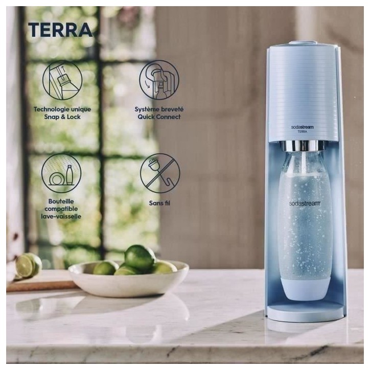 Machine a soda et eau pétillante SODASTREAM - TERRA Bleu - 1 bouteille compatible lave-vaisselle - 1 recharge de gaz 60L Machine a soda et eau pétillante SODASTREAM - TERRA Bleu - 1 bouteille compatible lave-vaisselle - 1 recharge de gaz 60L