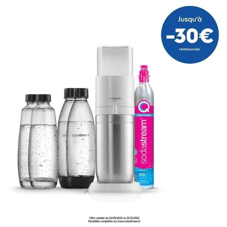 Machine a soda et eau pétillante SODASTREAM - DUO Blanche - 2 carafes en verre - 2 bouteilles - 1 recharge de gaz 60L Machine a soda et eau pétillante SODASTREAM - DUO Blanche - 2 carafes en verre - 2 bouteilles - 1 recharge de gaz 60L