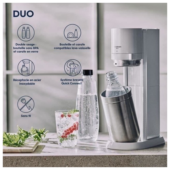 Machine a soda et eau pétillante SODASTREAM - DUO Blanche - 2 carafes en verre - 2 bouteilles - 1 recharge de gaz 60L Machine a soda et eau pétillante SODASTREAM - DUO Blanche - 2 carafes en verre - 2 bouteilles - 1 recharge de gaz 60L
