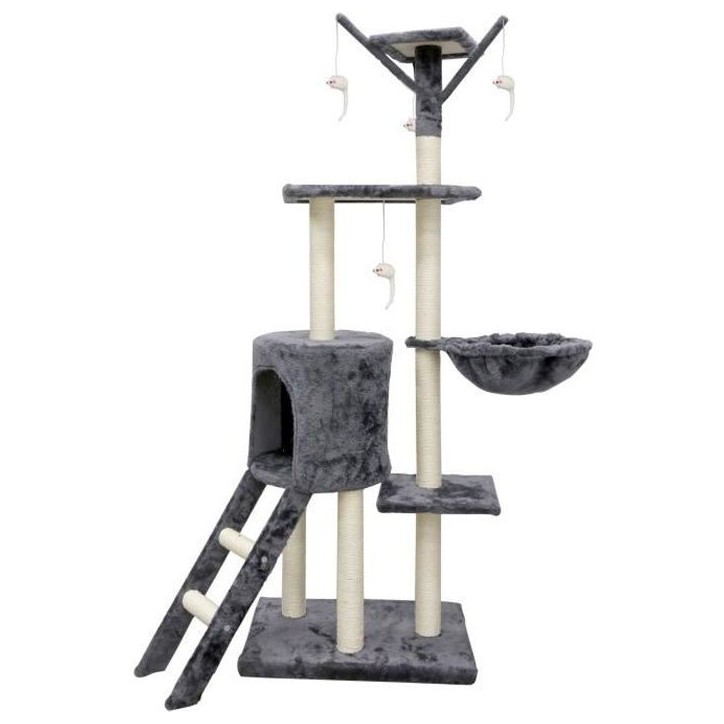 JIPSY Arbre a chat gris 79 x 34 x 138 cm - 3 plateformes, 1 perchoir, 1 niche, 1 escalier, poteaux a griffer