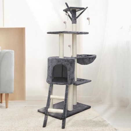 JIPSY Arbre a chat gris 79 x 34 x 138 cm - 3 plateformes, 1 perchoir, 1 niche, 1 escalier, poteaux a griffer