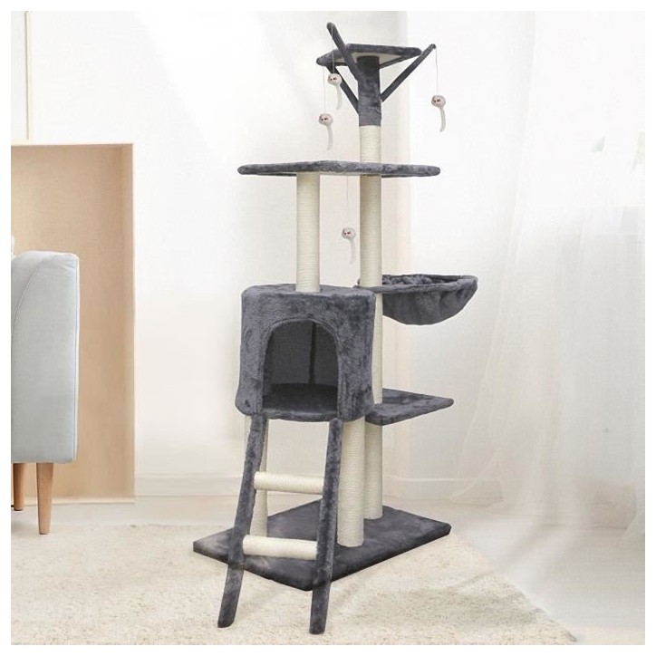JIPSY Arbre a chat gris 79 x 34 x 138 cm - 3 plateformes, 1 perchoir, 1 niche, 1 escalier, poteaux a griffer
