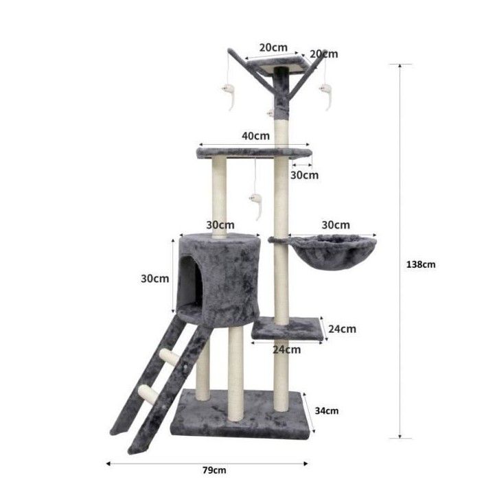 JIPSY Arbre a chat gris 79 x 34 x 138 cm - 3 plateformes, 1 perchoir, 1 niche, 1 escalier, poteaux a griffer