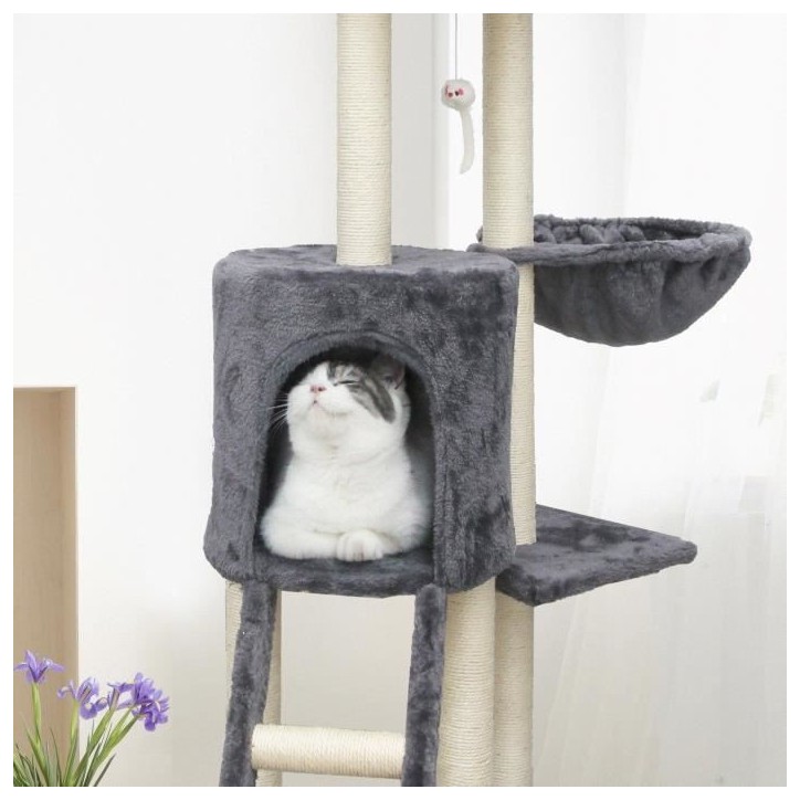 JIPSY Arbre a chat gris 79 x 34 x 138 cm - 3 plateformes, 1 perchoir, 1 niche, 1 escalier, poteaux a griffer