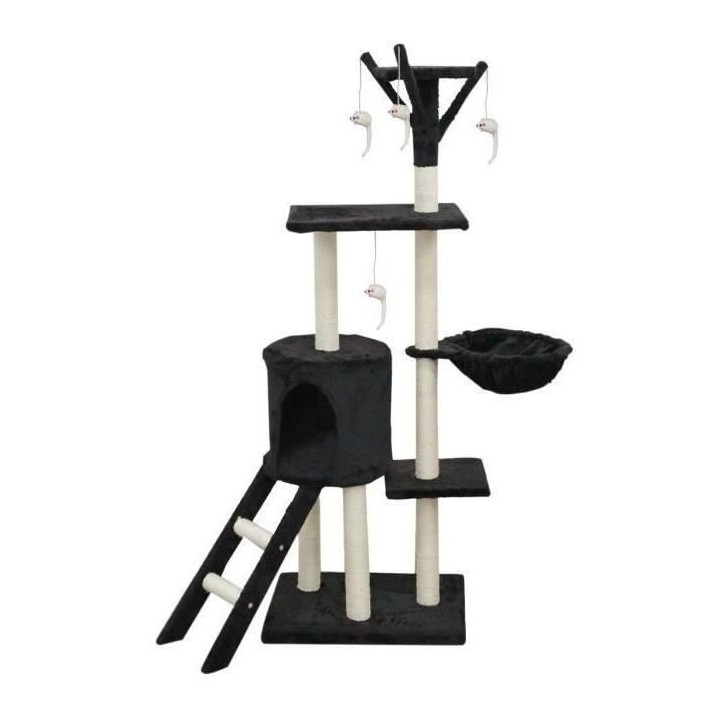JIPSY Arbre a chat noir 79 x 34 x 138 cm - 3 plateformes, 1 perchoir, 1 niche, 1 escalier, poteaux a griffer