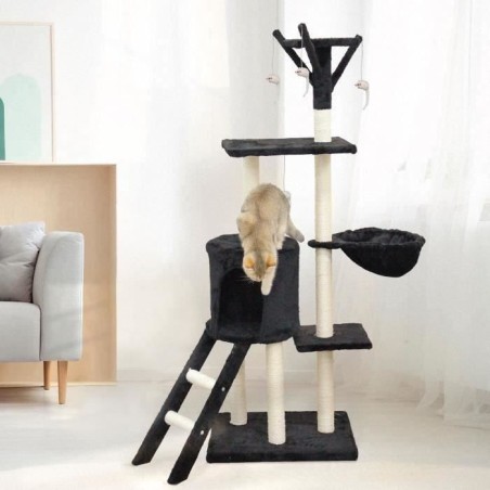 JIPSY Arbre a chat noir 79 x 34 x 138 cm - 3 plateformes, 1 perchoir, 1 niche, 1 escalier, poteaux a griffer