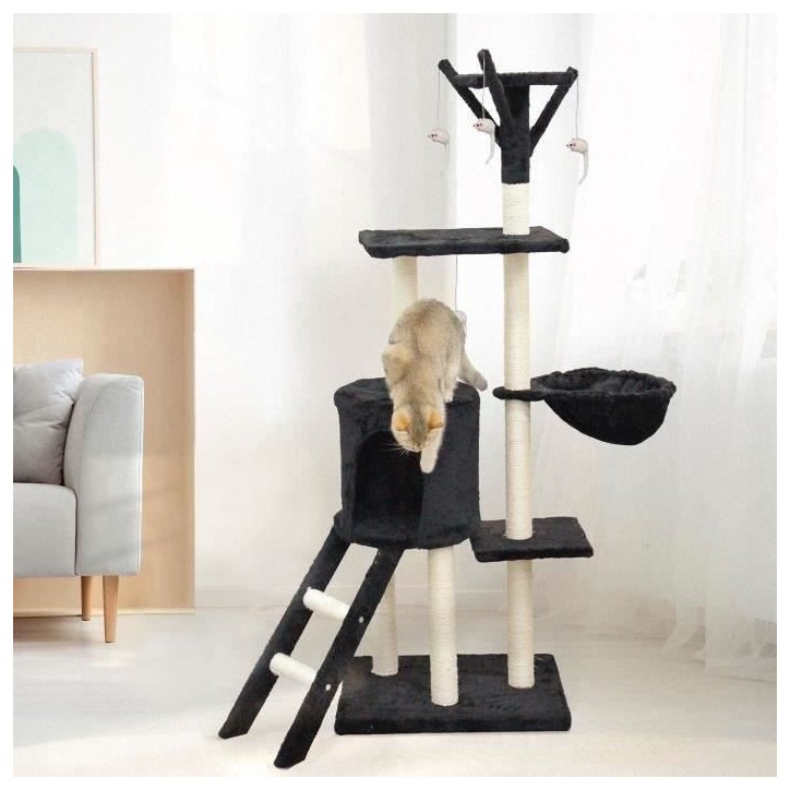 JIPSY Arbre a chat noir 79 x 34 x 138 cm - 3 plateformes, 1 perchoir, 1 niche, 1 escalier, poteaux a griffer