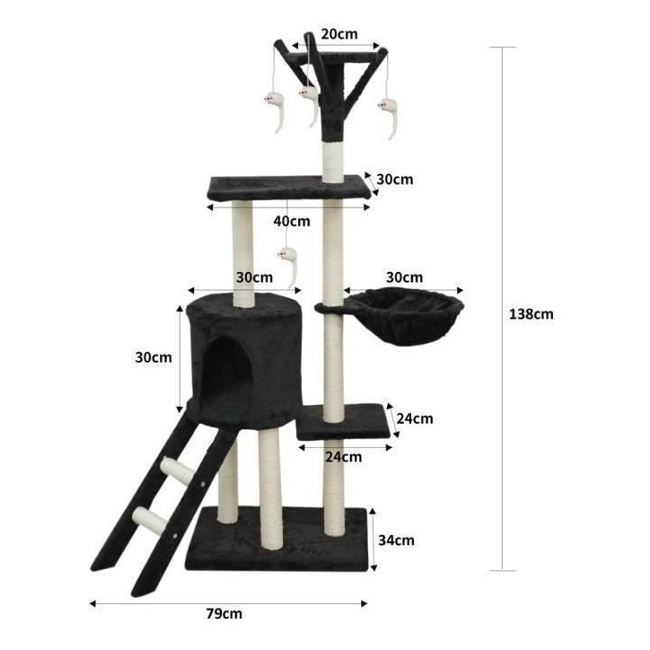 JIPSY Arbre a chat noir 79 x 34 x 138 cm - 3 plateformes, 1 perchoir, 1 niche, 1 escalier, poteaux a griffer