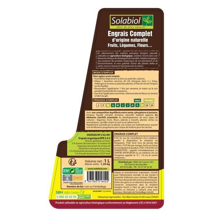 Solabiol SOLICOMP1 Engrais Complet Liquide 1L - Engrais universel | Utilisable en Agriculture Biologique Solabiol SOLICOMP1 Engrais Complet Liquide 1L - Engrais universel | Utilisable en Agriculture Biologique