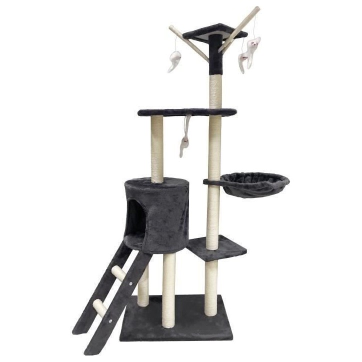 JIPSY Arbre a chat gris foncé 79 x 34 x 138 cm - 3 plateformes, 1 perchoir, 1 niche, 1 escalier, poteaux a griffer