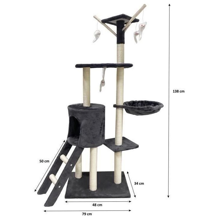 JIPSY Arbre a chat gris foncé 79 x 34 x 138 cm - 3 plateformes, 1 perchoir, 1 niche, 1 escalier, poteaux a griffer