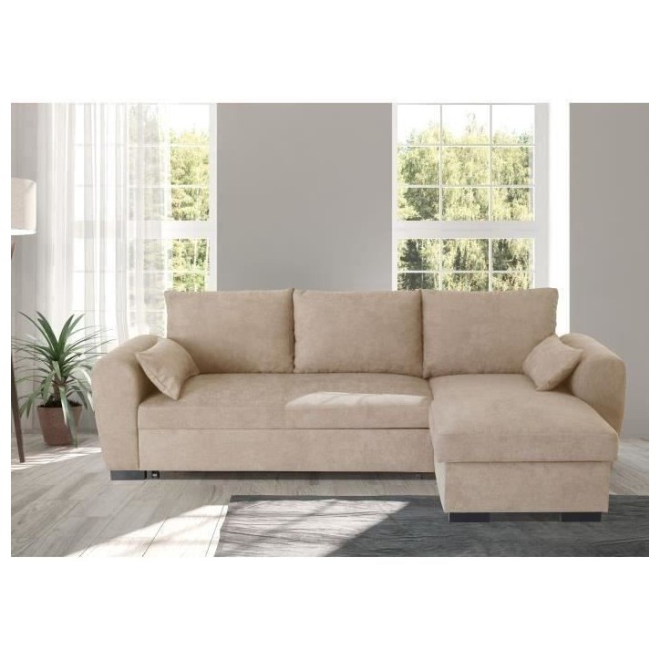 Canapé d'angle convertible réversible MAX - Méridienne avec coffre - Tissu camel - L 240 x P 143 x H 85 cm Canapé d'angle convertible réversible MAX - Méridienne avec coffre - Tissu camel - L 240 x P 143 x H 85 cm