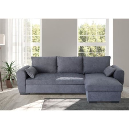 Canapé d'angle convertible réversible MAX - Méridienne avec coffre - Tissu gris foncé - L 240 x P 143 x H 85 cm