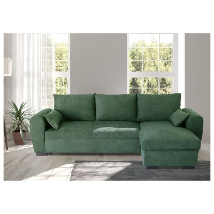 Canapé d'angle convertible réversible MAX - Méridienne avec coffre - Tissu vert - L 240 x P 143 x H 85 cm Canapé d'angle convertible réversible MAX - Méridienne avec coffre - Tissu vert - L 240 x P 143 x H 85 cm
