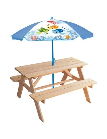 Mobilier de jardin - FUN HOUSE - Table pique-nique en bois Ma Petite Carapace H.53xL.95xP.100 cm avec parasol tortue H.125x100 c