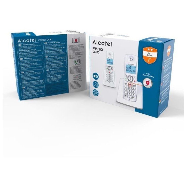 Téléphone sans fil - ALCATEL - F530 Duo - 2 combinés, blocage d'appels, mains libres, 2 mémoires directes, Blanc/Gris Téléphone sans fil - ALCATEL - F530 Duo - 2 combinés, blocage d'appels, mains libres, 2 mémoires directes, Blanc/Gris