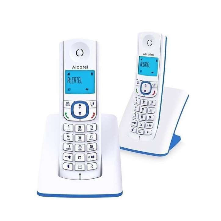 Téléphone sans fil - ALCATEL - F530 Duo - 2 combinés, blocage d'appels, mains libres, 2 mémoires directes, Blanc/Bleu Téléphone sans fil - ALCATEL - F530 Duo - 2 combinés, blocage d'appels, mains libres, 2 mémoires directes, Blanc/Bleu