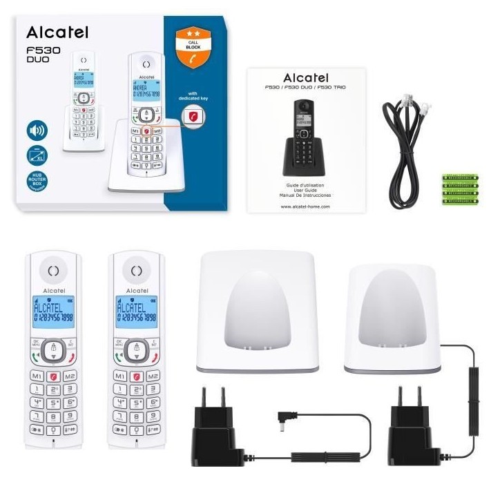 Téléphone sans fil - ALCATEL - F530 Duo - 2 combinés, blocage d'appels, mains libres, 2 mémoires directes, Blanc/Bleu Téléphone sans fil - ALCATEL - F530 Duo - 2 combinés, blocage d'appels, mains libres, 2 mémoires directes, Blanc/Bleu