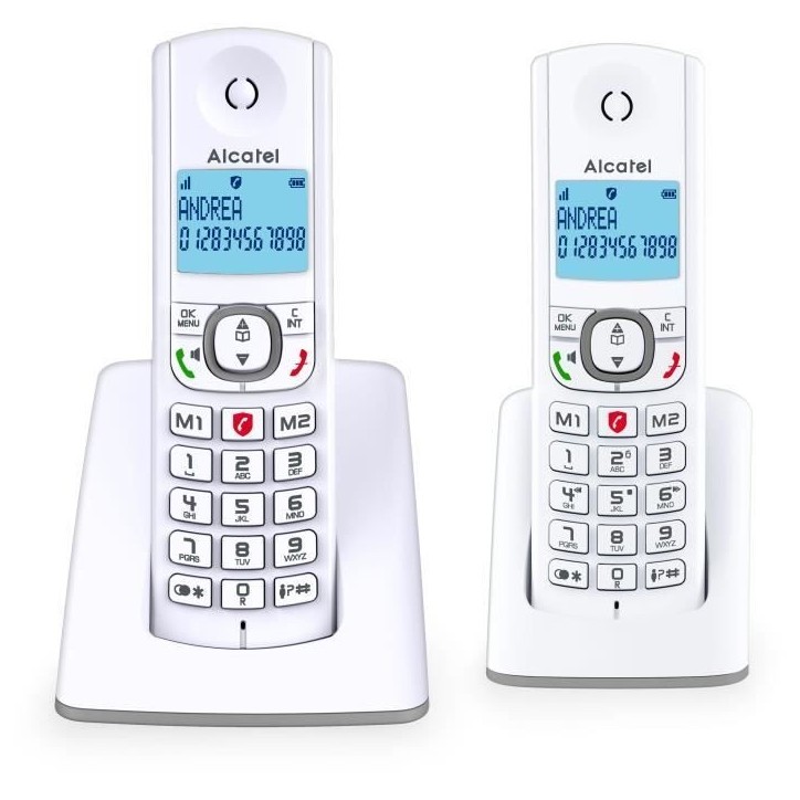 Téléphone sans fil - ALCATEL - F530 Duo - 2 combinés, blocage d'appels, mains libres, 2 mémoires directes, Blanc/Bleu Téléphone sans fil - ALCATEL - F530 Duo - 2 combinés, blocage d'appels, mains libres, 2 mémoires directes, Blanc/Bleu