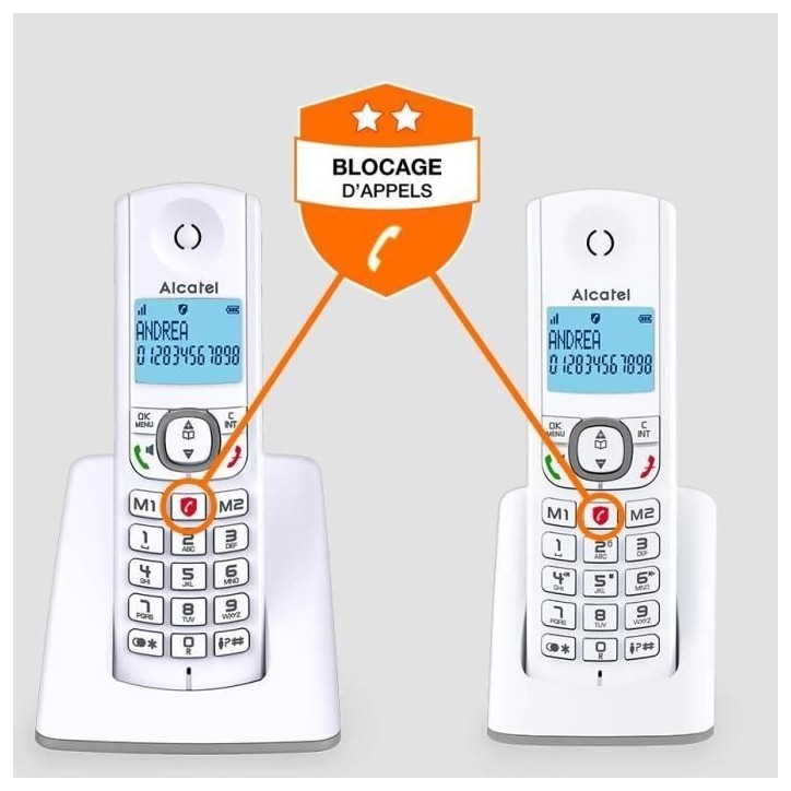 Téléphone sans fil - ALCATEL - F530 Duo - 2 combinés, blocage d'appels, mains libres, 2 mémoires directes, Blanc/Bleu Téléphone sans fil - ALCATEL - F530 Duo - 2 combinés, blocage d'appels, mains libres, 2 mémoires directes, Blanc/Bleu