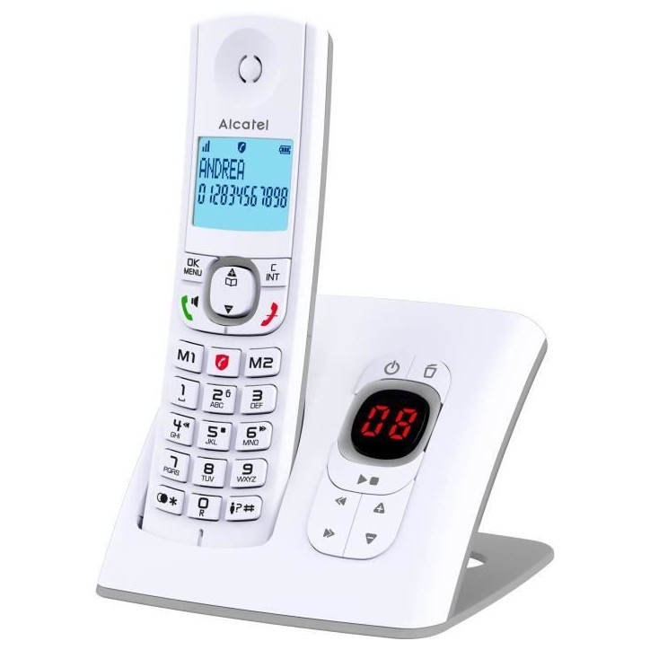 Téléphone sans fil - ALCATEL - F530 Voice - Répondeur, blocage d'appels, mains libres, 2 mémoires directes, Blanc/Gris Téléphone sans fil - ALCATEL - F530 Voice - Répondeur, blocage d'appels, mains libres, 2 mémoires directes, Blanc/Gris