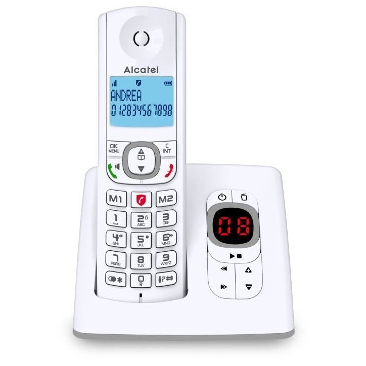 Téléphone sans fil - ALCATEL - F530 Voice - Répondeur, blocage d'appels, mains libres, 2 mémoires directes, Blanc/Gris Téléphone sans fil - ALCATEL - F530 Voice - Répondeur, blocage d'appels, mains libres, 2 mémoires directes, Blanc/Gris