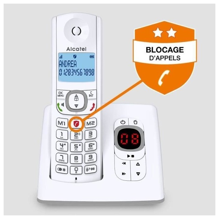 Téléphone sans fil - ALCATEL - F530 Voice - Répondeur, blocage d'appels, mains libres, 2 mémoires directes, Blanc/Gris Téléphone sans fil - ALCATEL - F530 Voice - Répondeur, blocage d'appels, mains libres, 2 mémoires directes, Blanc/Gris