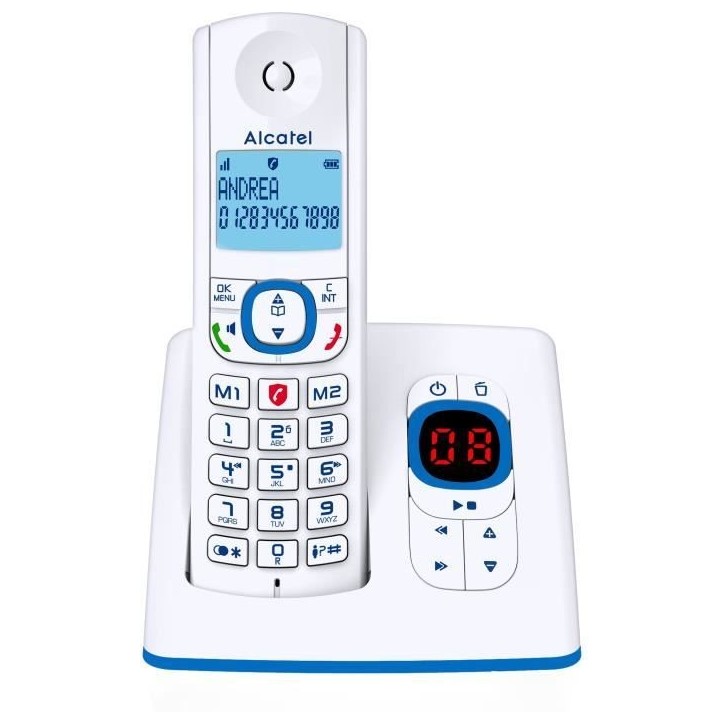 Téléphone sans fil - ALCATEL - F530 Voice - Répondeur, blocage d'appels, mains libres, 2 mémoires directes, Blanc/Bleu Téléphone sans fil - ALCATEL - F530 Voice - Répondeur, blocage d'appels, mains libres, 2 mémoires directes, Blanc/Bleu