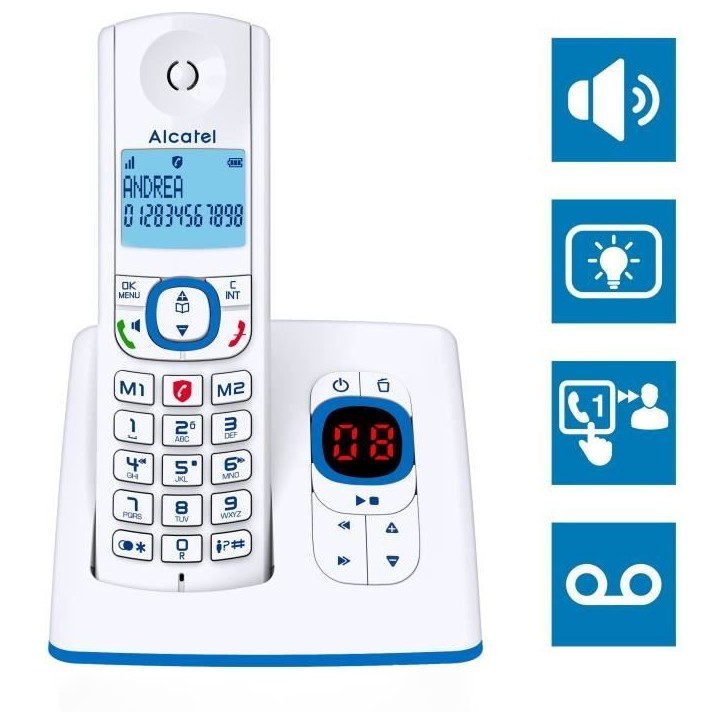 Téléphone sans fil - ALCATEL - F530 Voice - Répondeur, blocage d'appels, mains libres, 2 mémoires directes, Blanc/Bleu Téléphone sans fil - ALCATEL - F530 Voice - Répondeur, blocage d'appels, mains libres, 2 mémoires directes, Blanc/Bleu