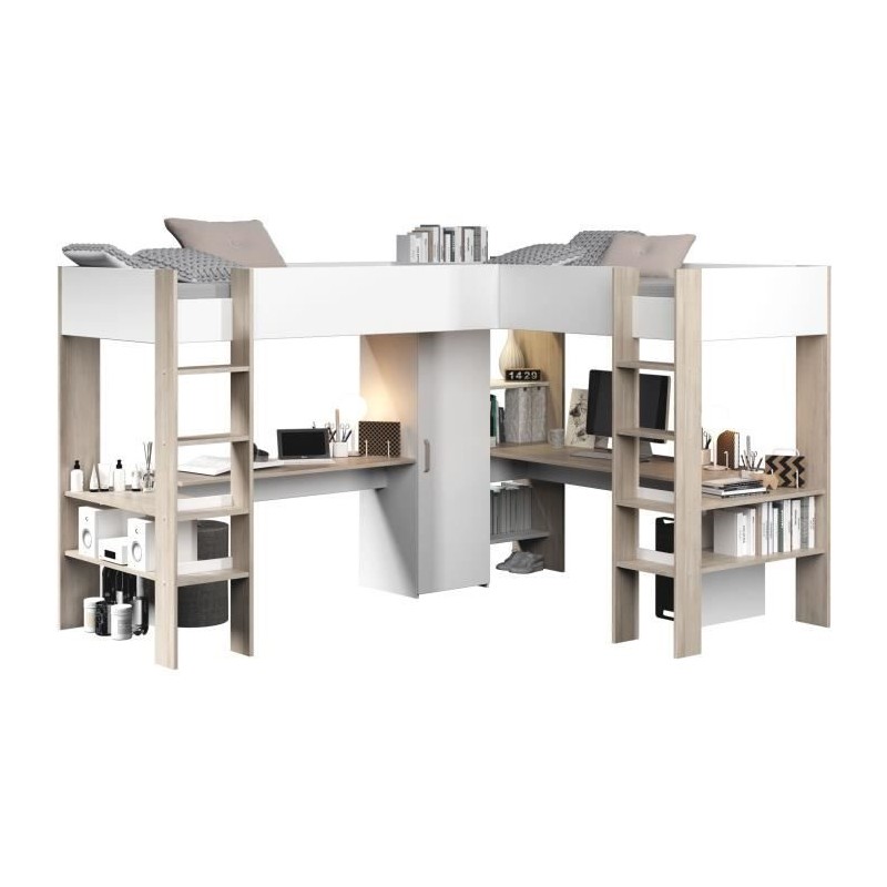 Lit double mezzanine combiné enfant ALEXANDRA avec 2 bureaux et range Lit double mezzanine combiné enfant ALEXANDRA avec 2 bureaux et range