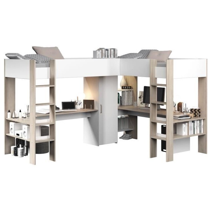 Lit double mezzanine combiné enfant ALEXANDRA avec 2 bureaux et rangements - 2x90x200 cm - Blanc/Chene - Sommiers inclus - PARI Lit double mezzanine combiné enfant ALEXANDRA avec 2 bureaux et rangements - 2x90x200 cm - Blanc/Chene - Sommiers inclus - PARI