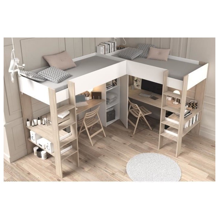 Lit double mezzanine combiné enfant ALEXANDRA avec 2 bureaux et rangements - 2x90x200 cm - Blanc/Chene - Sommiers inclus - PARI Lit double mezzanine combiné enfant ALEXANDRA avec 2 bureaux et rangements - 2x90x200 cm - Blanc/Chene - Sommiers inclus - PARI