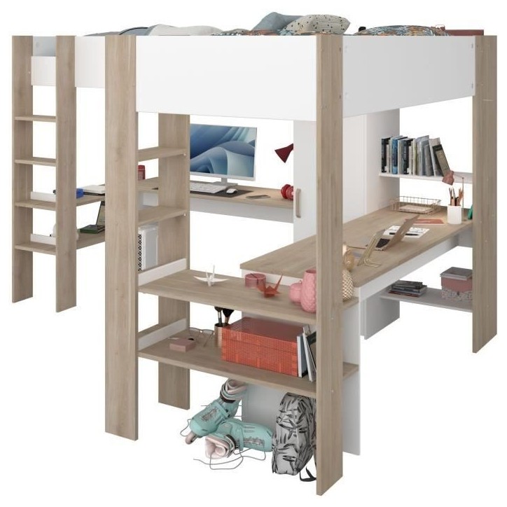 Lit double mezzanine combiné enfant ALEXANDRA avec 2 bureaux et rangements - 2x90x200 cm - Blanc/Chene - Sommiers inclus - PARI Lit double mezzanine combiné enfant ALEXANDRA avec 2 bureaux et rangements - 2x90x200 cm - Blanc/Chene - Sommiers inclus - PARI
