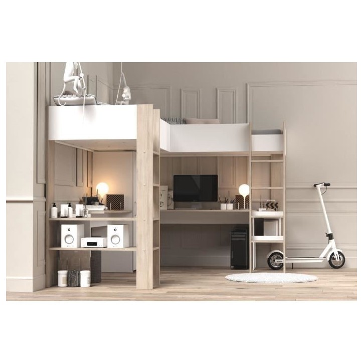 Lit double mezzanine combiné enfant ALEXANDRA avec 2 bureaux et rangements - 2x90x200 cm - Blanc/Chene - Sommiers inclus - PARI Lit double mezzanine combiné enfant ALEXANDRA avec 2 bureaux et rangements - 2x90x200 cm - Blanc/Chene - Sommiers inclus - PARI