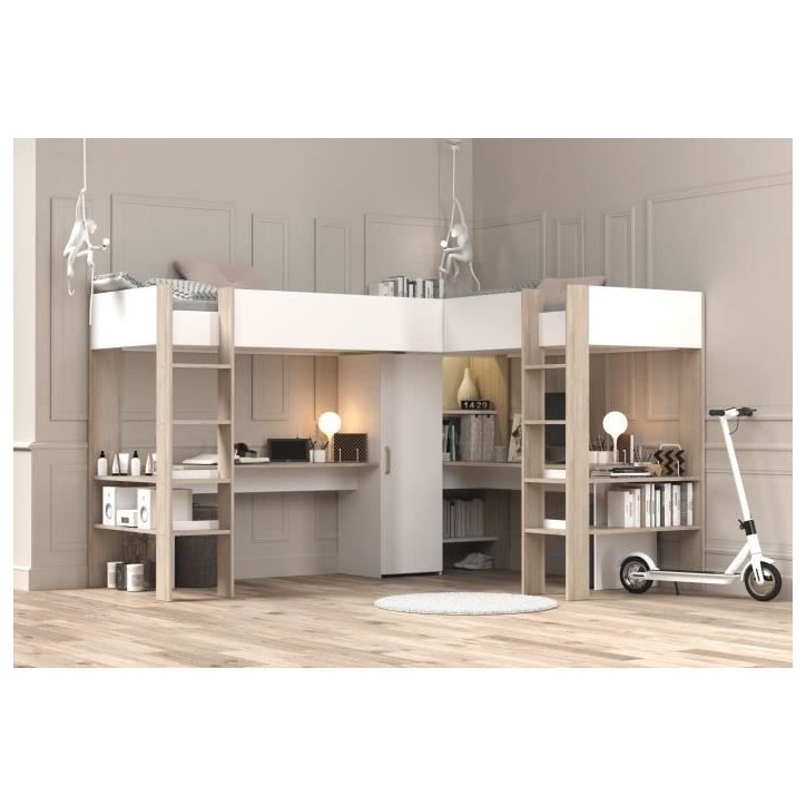 Lit double mezzanine combiné enfant ALEXANDRA avec 2 bureaux et rangements - 2x90x200 cm - Blanc/Chene - Sommiers inclus - PARI Lit double mezzanine combiné enfant ALEXANDRA avec 2 bureaux et rangements - 2x90x200 cm - Blanc/Chene - Sommiers inclus - PARI