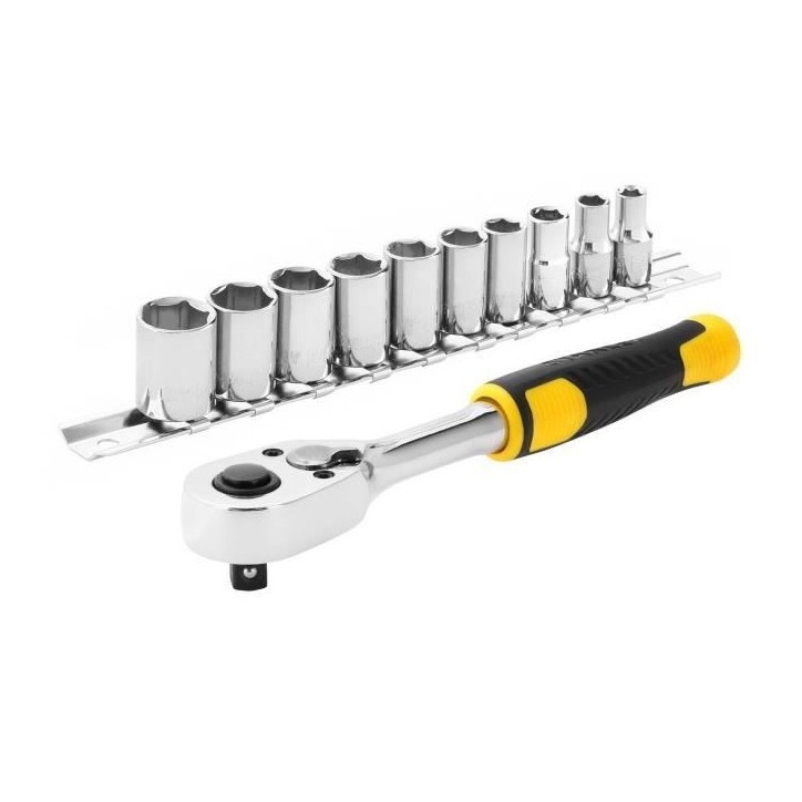 Jeu de cliquet et douilles STANLEY - Cliquet 72 dents 1/4' + 10 douilles 12 pans de 5,5 a 14 mm Jeu de cliquet et douilles STANLEY - Cliquet 72 dents 1/4' + 10 douilles 12 pans de 5,5 a 14 mm