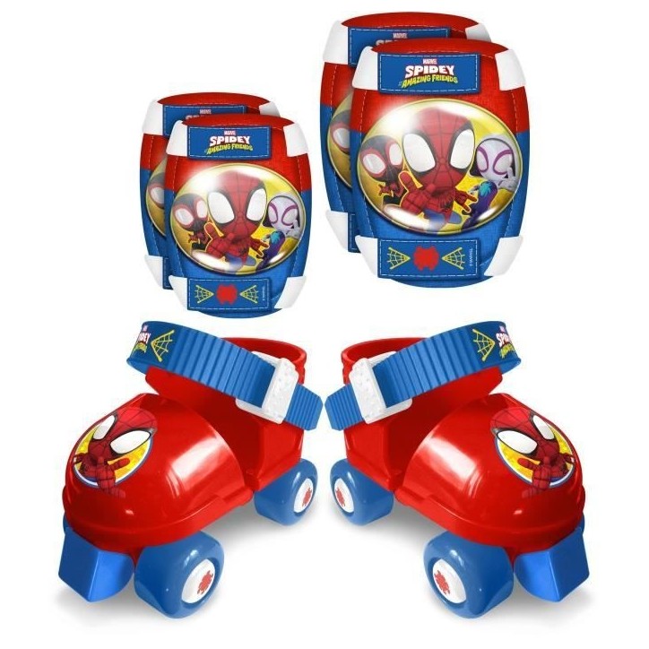 STAMP - Set Patins a roulettes avec genouilleres - Spidey - Enfant - Bleu - Rouge - Garçon
